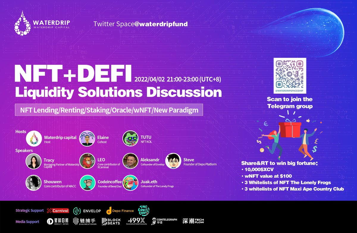 waterdripfund's tweet photo. Our first Twitter Space will be held!
Topic：NFT Liquidity Solutions
🎁Free #Giveaways are waiting for you:
10 seats to win💰total 10,000 $XCV 
👉How To Participate:
1️⃣Follow us @waterdripfund @XCarnival_Lab  and LIKE&amp;RT&amp;@3 friends
2️⃣Join our TG group：https://t.co/JRxGtFdlD1 https://t.co/O8nCr6dAbx