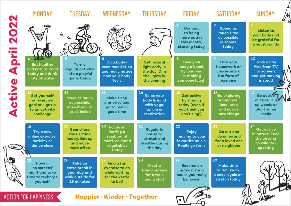 actionhappiness's tweet image. Life is happier when we get outside and move more. Join us for Active April and give your wellbeing an active boost ☀️🤸‍♀️⚽️🚴‍♂️🌿
actionforhappiness.org/active-april #ActiveApril
