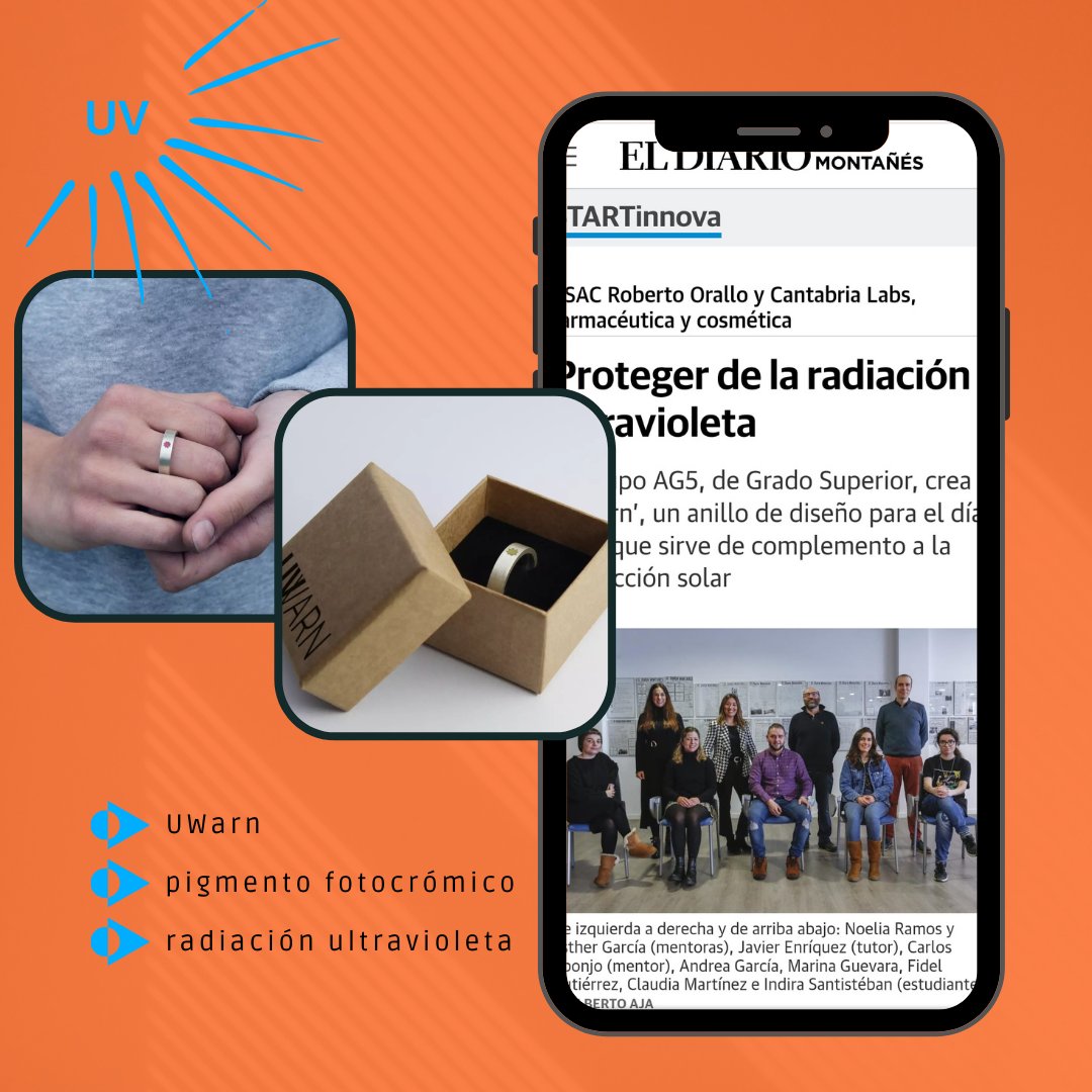 Fotoglass_SL's tweet photo. 👀 El anillo que muestra la exposición a la radiación ultravioleta. Un interesante proyecto en el que la ciencia, la moda y la salud se unen para crear ‘UWarn’.

El equipo AG5 de la @esac___ junto con @CantabriaLabsES desarrolla un producto que permite al usuario ser consciente https://t.co/QZpaum2Y7u