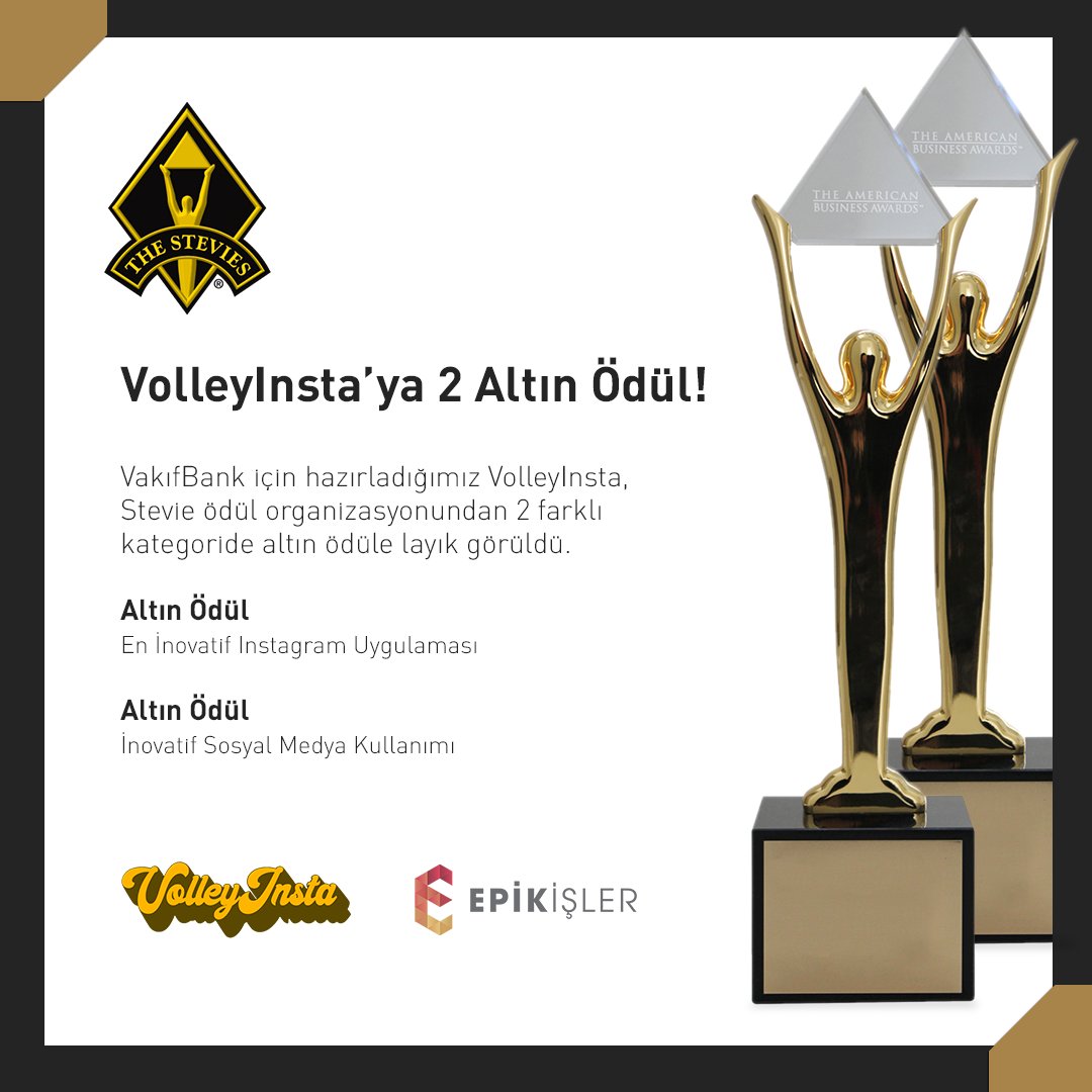 VolleyInsta’ya 2 Altın Ödül! 🏆🏆

VakıfBank için hazırladığımız VolleyInsta, dünyanın en prestijli iş ödüllerinden biri olan Stevie Awards'ta 'En İnovatif İnstagram Uygulaması' ve 'İnovatif Sosyal Medya Kullanımı' kategorilerinde altın ödüle layık görüldü.