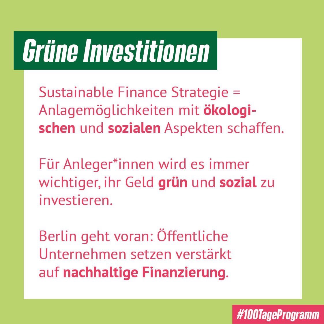 GrueneFraktionB's tweet image. Das Ergebnis des #100TageProgramm|s ist grün! 💚 @senfin hat die #SustainableFinance Strategie auf den Weg gebracht, damit setzt #Berlin ökologische &amp;amp; soziale Impulse bei Finanzierung &amp;amp; Anlagen. Dazu kommen Haushaltsentwurf und der neue Studiengang Verwaltungsinformatik. Mega!