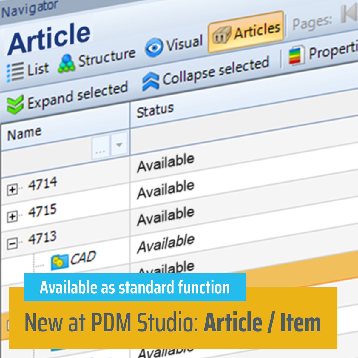 CAD_Partner's tweet image. Whether article master data, CAD data, PDFs with specifications, Excel spreadsheets, images or documentation: With the &quot;Article/Item&quot; function, all relevant information belonging to an article/item can be grouped in #PDM Studio. Learn more: bit.ly/3tUCdXF #productdata