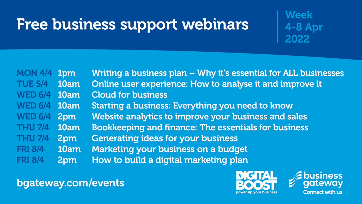 Looking to start up, adapt or grow your #business? Our webinars have you covered! 💻

From writing a business plan to marketing on a budget - there's something to suit each stage of your journey. Find out what's on week 4-8 April below &amp; book your space 👉 ow.ly/SceT50IwS31