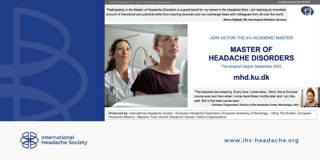 ihs_official's tweet photo. Application is now open for the 4th academic Master of Headache Disorders at the University of Copenhagen. IHS offers an educational grant of 10,000 US$. Deadline May 1st. Apply here: https://t.co/ylbQUWHuSd
#headache #neurology #ihs_trainees https://t.co/glKYWJQIiC