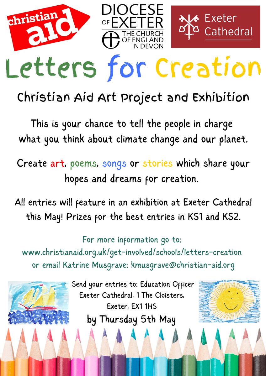 The Diocese of Exeter has teamed-up with Christian Aid and Exeter Cathedral for Letters for Creation. This is an art project for primary school children in which they are invited to share their hopes and dreams for our planet in the form of pictures, stories, songs or poems.