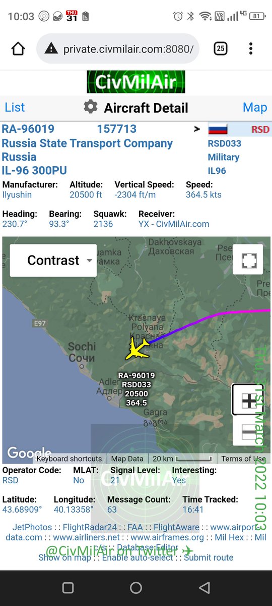 CivMilAir's tweet photo. #PutinForceOne? ๐คทโโ๏ธ
#AssholeOne MkII
๐ท๐บ Russian Gov IL96 RA96019 RSD033 inbound Sochi ๐ https://t.co/2zJ80apo5N