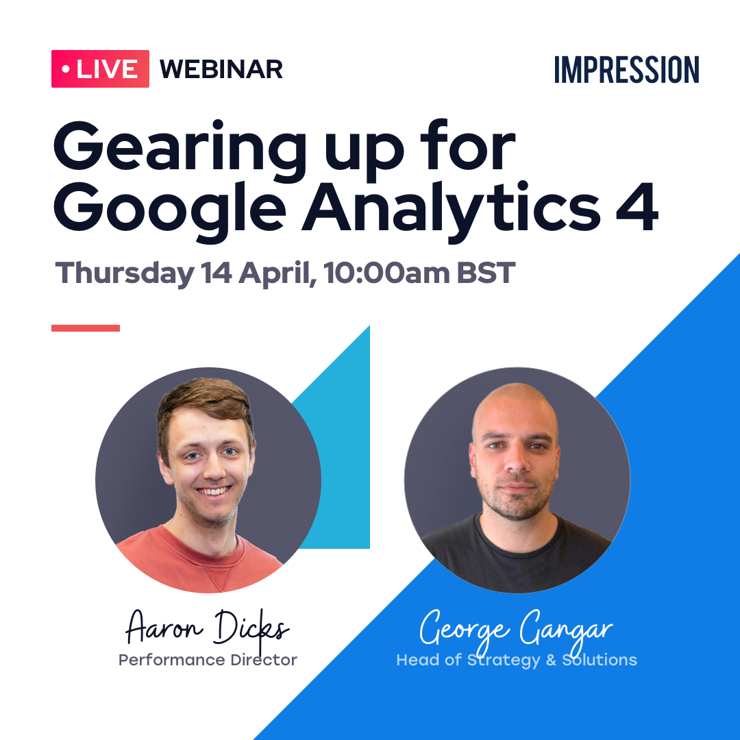 🚨 Google Analytics 4 webinar 🚨

Google is strongly encourage marketers to switch to #GA4 as soon as possible.

Join our webinar to learn:

🤔 Why you need to migrate and when 
⚠️ How to minimise disruption &amp; prepare for continuity 

Register: s.impression.tips/hL5150Iw24R