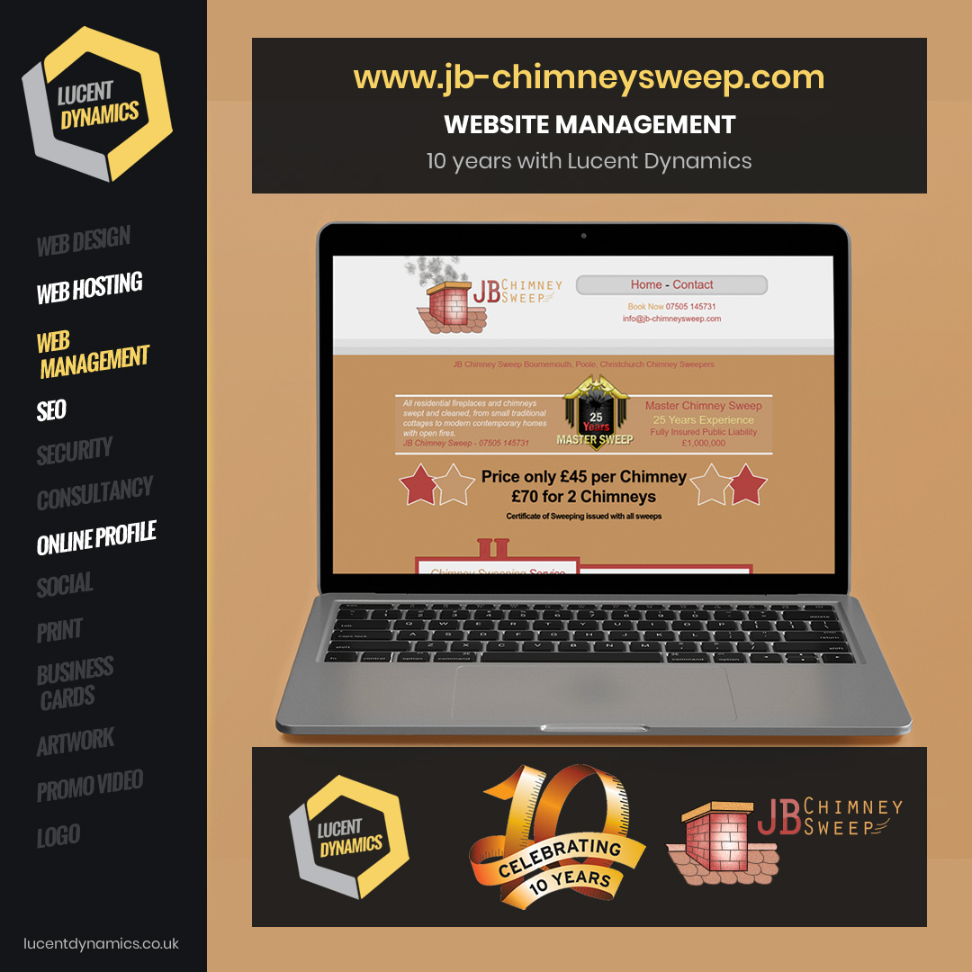 lucentdynamics's tweet photo. We are proud to have passed a 10 year milestone hosting and maintaining the JB Chimney Sweep website > https://t.co/2BAh3FWgAV

Are you a business owner? Do you need a website?
Email us > info@lucentdynamics.co.uk https://t.co/G4glFrHtQ0
