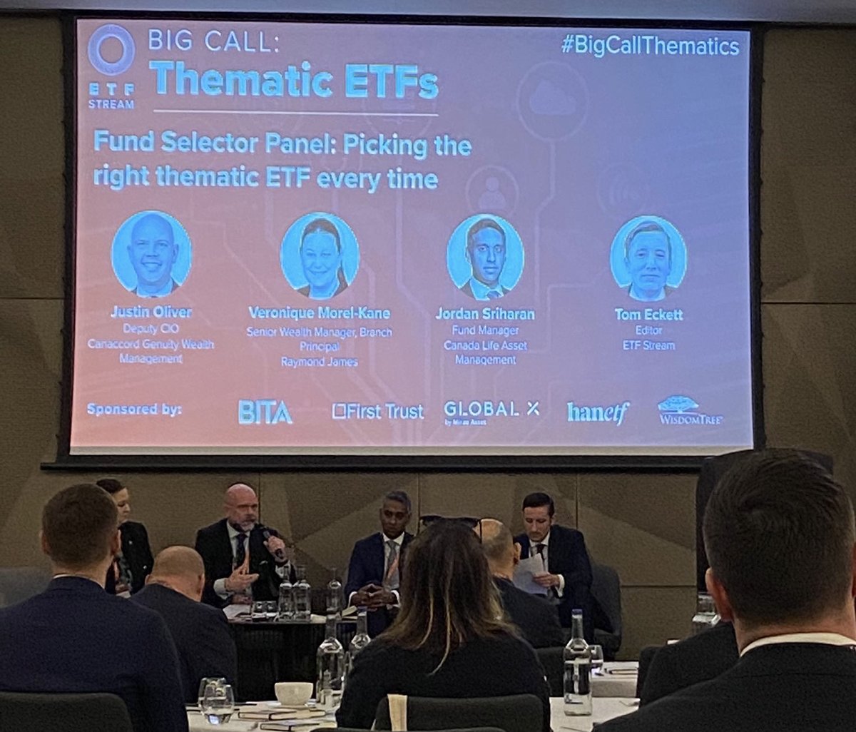 BlackwaterSe's tweet photo. We are at the BIG CALL: Thematic ETFs event of @ETF_Stream 

💡Great question from the audience asking the panel to select their top thematic ETF pick. 

Responses include #metaverse #water #healthcare #Food

#ETFs #BigCallThematics https://t.co/GFSxhnsMUp