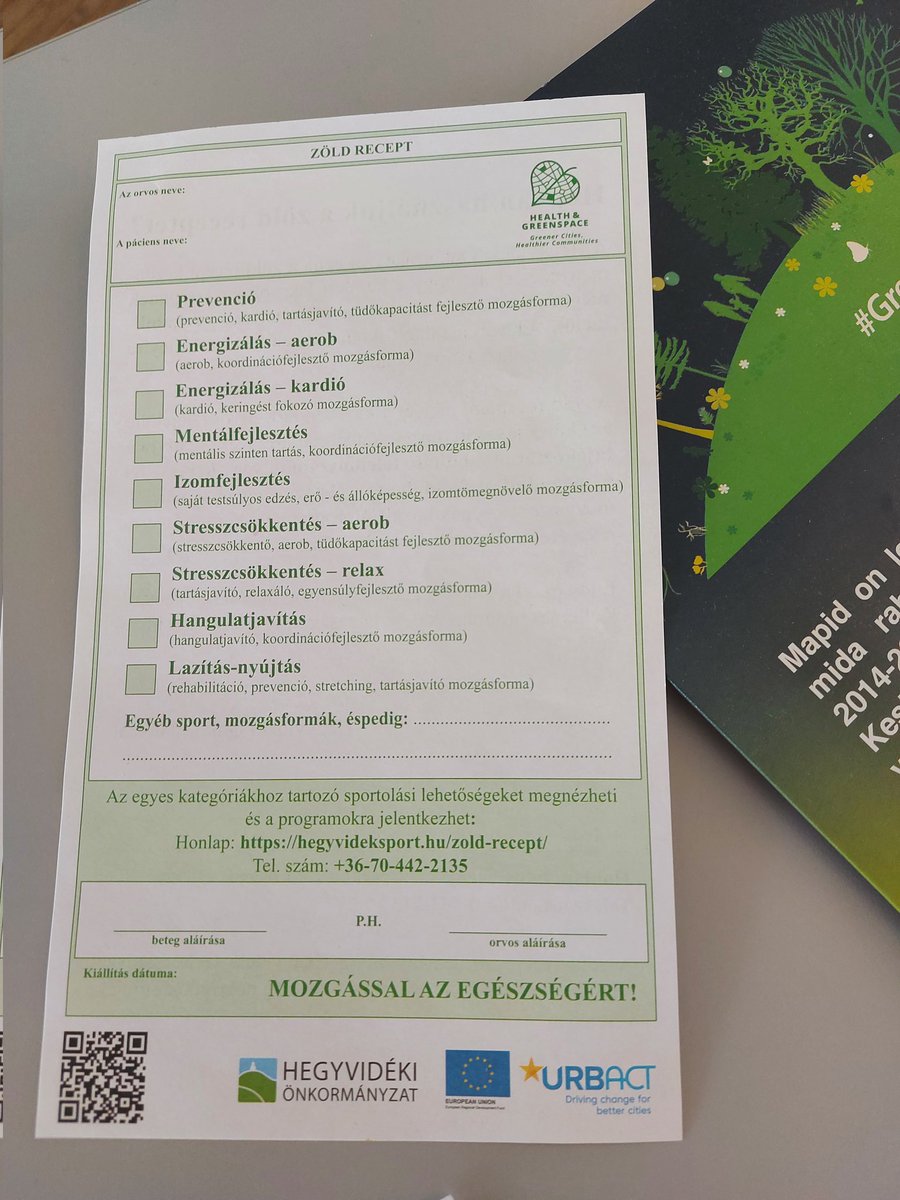 ClimateSmartE's tweet photo. Health &amp; greenspace ---》prescribed!

this is how the green prescription of the 12th district Budapest looks like. not only physical but also mental health is emphasized with the several categories the doctors can "prescribe" to their patients. @URBACT https://t.co/PHrM9d0oZs