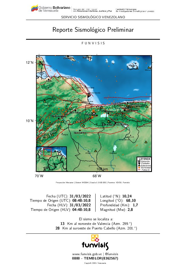 FUNVISIS's tweet image. FUNVISIS
Sismo  sentido
2022/03/30 04:48
Mag (Mw): 2.8
Prof: 1.7 km
Epicentro: 10.23 N 68.10 O
16 Km al noroeste de Valencia