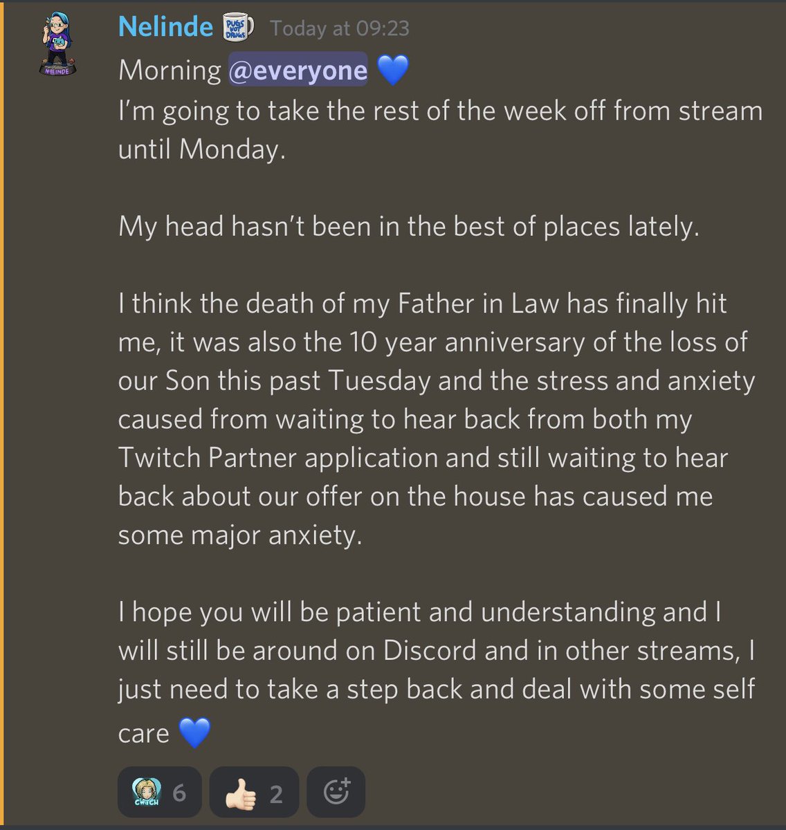 Nelinde's tweet photo. Morning everyone 💙

I hope you’re all having a great day!

I just wanted to let you all know that I’m taking the rest of the week off from steaming until Monday for some #selfcare 💙 https://t.co/kgyYlGD04S
