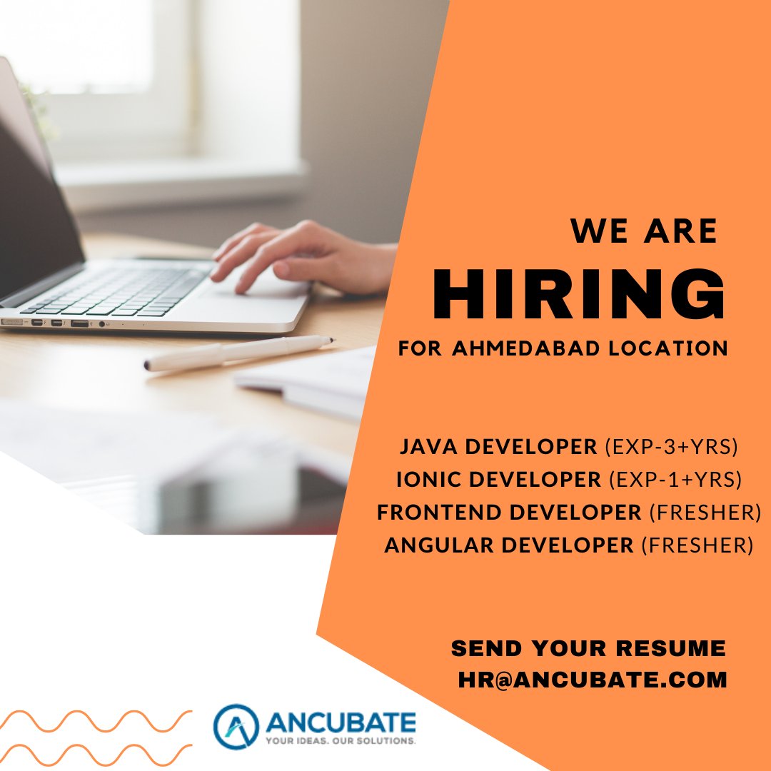 Ancubate_Inc's tweet photo. #Ancubate is actively hiring for the following positions:
#JavaDeveloper (Exp - 3+ Years)
#IonicDeveloper (Exp - 1+ Years)
#FrontendDeveloper (Fresher)
#AngularDeveloper (Fresher)

Email us your resume.
#WeAreHiring #ITJobsAhmedabad #UrgentHiring #JobOpening  #CareerOpenings https://t.co/Jiln5VnKb8