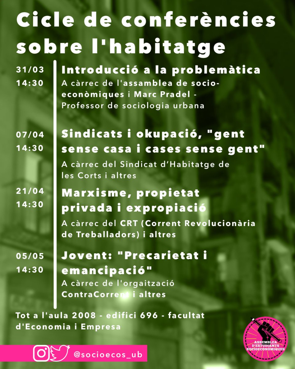 🔴 Primer dia del cicle de conferències sobre l'habitatge a la Facultat. 

📝Dotem les nostres lluites de contingut teòric, animeu-vos a venir!