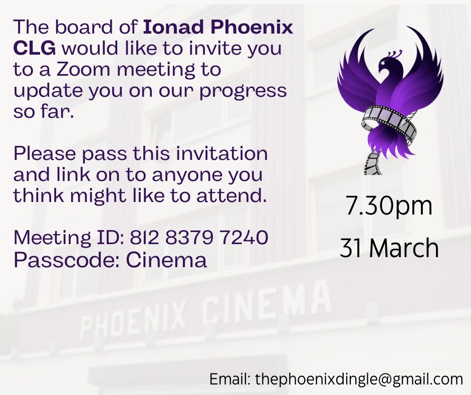 aoifegranville's tweet photo. Reminder that this meeting of @PhoenixDingle will take place tonight online. Fáilte roimh cách. #savethephoenix #phoenixdingle https://t.co/MnqwYawNLQ