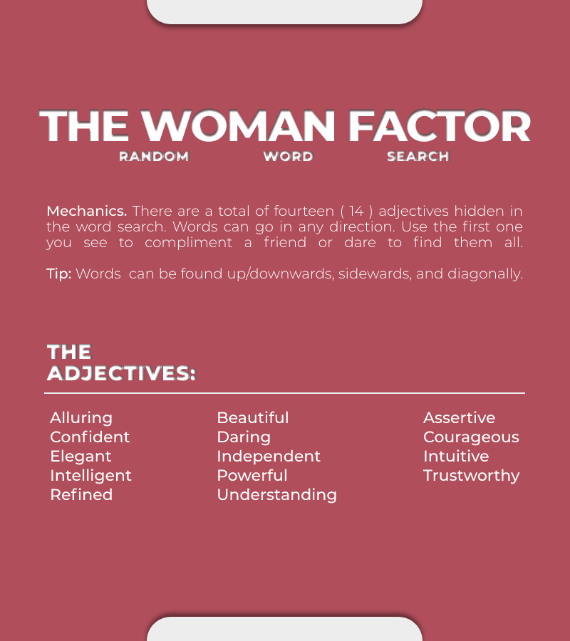 MariaClaraHQ's tweet photo. ㅤ

MARíA CLARA   ✿･ﾟ˒
FOR WOMEN's MONTH.

❛ Random Word Search: Apologies, there are only a total of 14 words! Also, for those having trouble looking through the pile of letters, here's a guide for you!

#MCTheWomanFactor
#MARíACLARAFeatures
#AbanteBabae
ㅤ
ㅤ https://t.co/bynxLWv06k