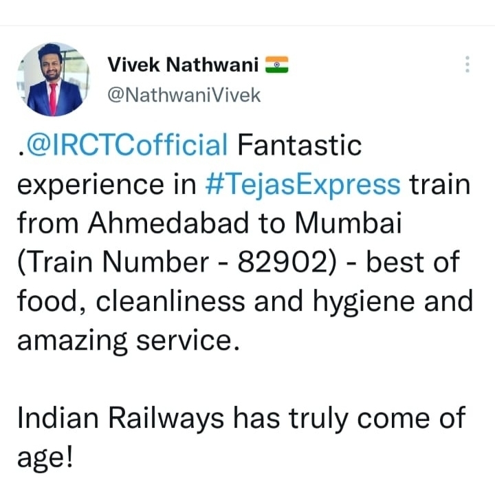 IRCTCofficial's tweet photo. We at #TejasExpress always aspire to make our passenger's travel experience most comfortable. Here are a few passenger feedbacks on Tejas Express services.
#TejasExpress #GoTejasGo https://t.co/AG2pAv8gS7