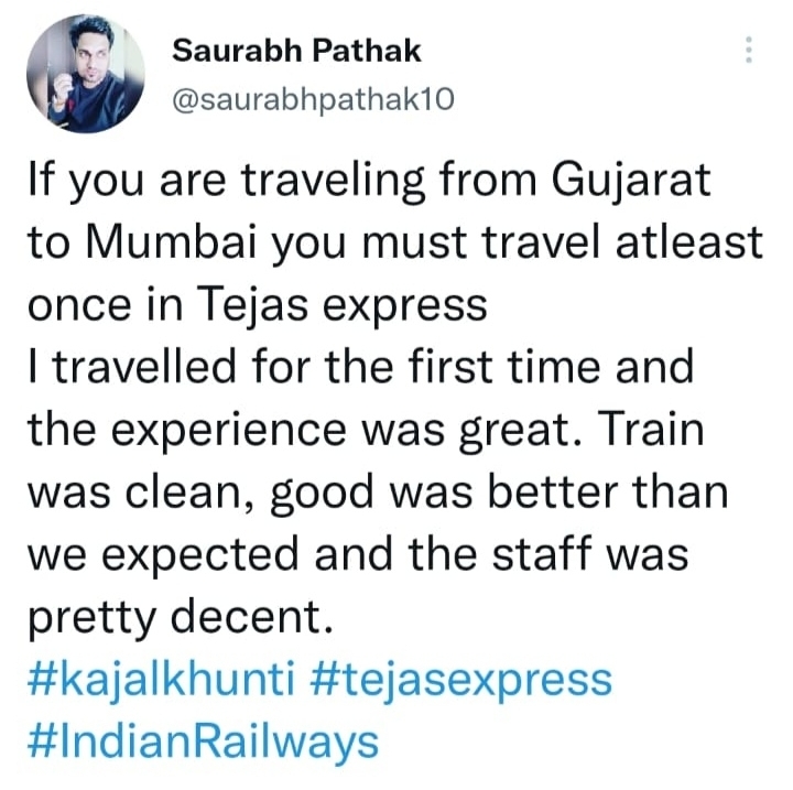IRCTCofficial's tweet photo. We at #TejasExpress always aspire to make our passenger's travel experience most comfortable. Here are a few passenger feedbacks on Tejas Express services.
#TejasExpress #GoTejasGo https://t.co/AG2pAv8gS7
