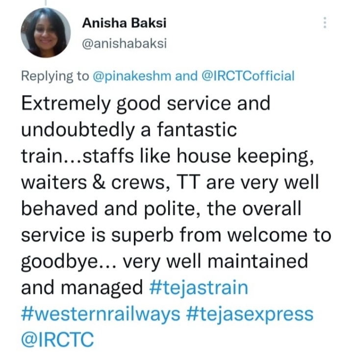 IRCTCofficial's tweet photo. We at #TejasExpress always aspire to make our passenger's travel experience most comfortable. Here are a few passenger feedbacks on Tejas Express services.
#TejasExpress #GoTejasGo https://t.co/AG2pAv8gS7