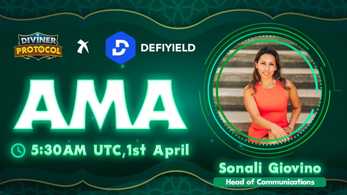 🔥AMA: Diviner x <a href="/defiyield_app/">Defi</a>
🚀Speaker:  @SonaliGiovino Head of Communications
⏰Time: 1PM UTC, 4th April
🔗Venue: t.me/DivinerProtoco…
💰Reward: $150BUSD
❗️Leave your question below to share rewards!