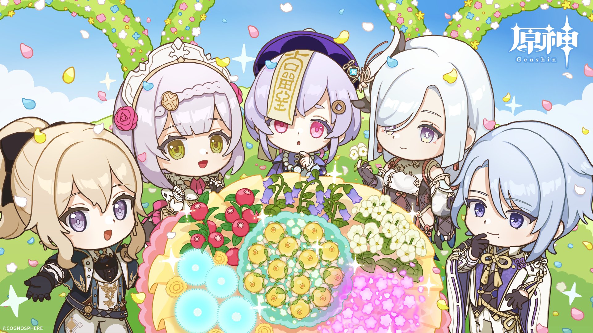 原神 Genshin 公式 3月生まれの合同お誕生日会 花いっぱい 夢いっぱいの道の上 暖かな風に乗って この先も続いていく旅路を共に歩んでいこう 3月生まれのみんな お誕生日おめでとう 原神 キャラ生誕祭 T Co Ukicyurqjp Twitter