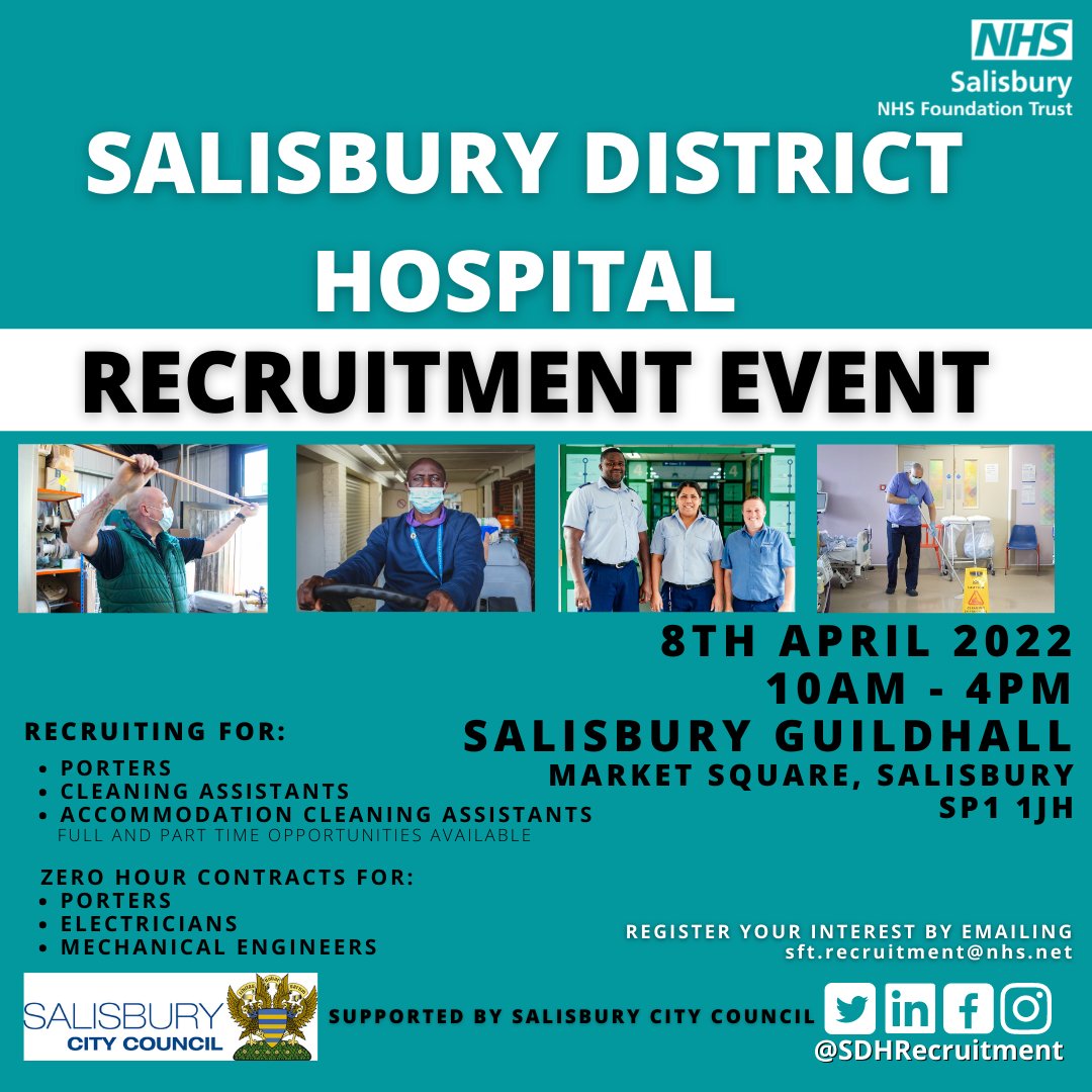 Salisbury Hospital Recruitment (@sdhrecruitment) on Twitter photo Are you looking for a new role in an organisation that values you? Then come to our Estates & Facilities Recruitment Event! Join us on 8th April at <a href="/SalsGuildhall/">Salisbury Guildhall</a> supported by <a href="/SalisburyCC/">SalisburyCityCouncil</a>! To register your interest or for more info please email sft.recruitment@nhs.net Are you looking for a new role in an organisation that values you? Then come to our Estates & Facilities Recruitment Event! Join us on 8th April at <a href="/SalsGuildhall/">Salisbury Guildhall</a> supported by <a href="/SalisburyCC/">SalisburyCityCouncil</a>! To register your interest or for more info please email sft.recruitment@nhs.net