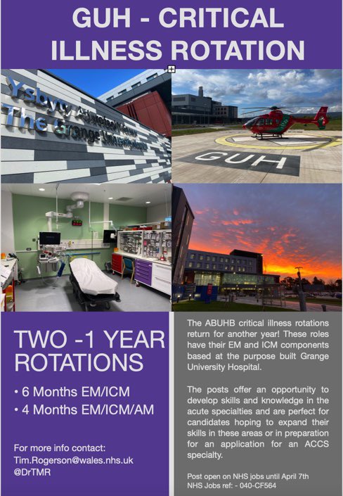 Our ‘mini-ACCS’ rotation with us and our friends in @GrangeCritCare are out on NHS jobs! Great chance to expand skills and knowledge in the acute specialties with friendly teams in a new hospital! 
jobs.aneurinbevanhb.wales.nhs.uk/job/UK/Newport…