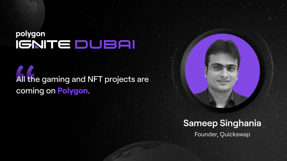 0xPolygon's tweet photo. Live from #PolygonIgnite: @SameepSi from @QuickswapDEX on @0xPolygon being the hub for artists and gamers.  

@PolygonStudios #paintitpurple💜 https://t.co/boaWTwnCsd