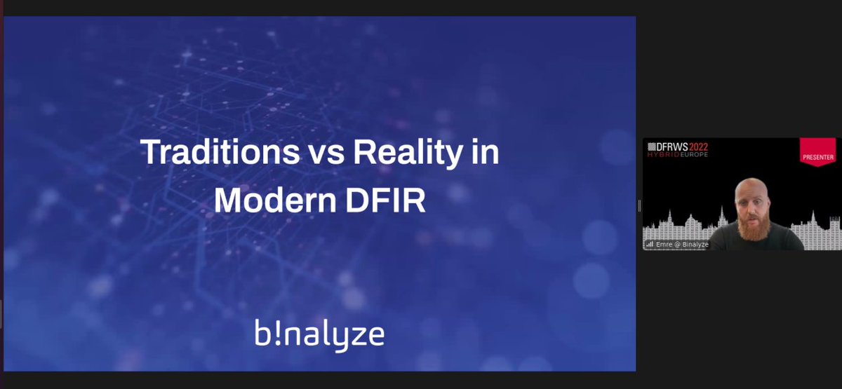 The final conference day of #DFRWSEU2022 started with <a href="/EmreTinaztepe/">Emre TINAZTEPE</a> of <a href="/binalyze/">Binalyze</a> presenting "Enterprise Forensics: Traditions vs Reality in modern #DFIR"!