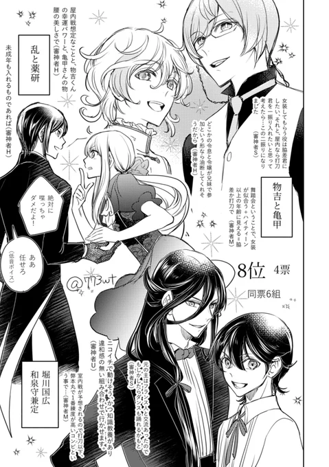 8位は同票6組でそのうちの3組。物吉くんと亀甲くんが自分では浮かばない組み合わせだけど最高にかわいいなと思いました!提案してくださった方天才ですか!ありがとうございます! 