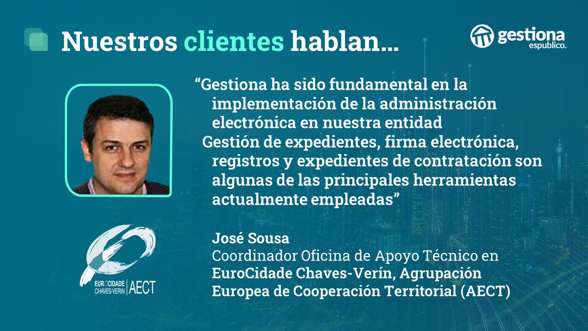 esgestiona's tweet photo. Nuestros clientes hablan... y nos cuentan cómo #Gestiona se ha convertido en la base fundamental de su proceso de #ModernizaciónAdministrativa y #TransformaciónDigital
💬José Sousa de @chavesverinaect nos aporta su experiencia
👀 https://t.co/lWYReKV713
#TestimonioClientes https://t.co/1UFF0uKu66