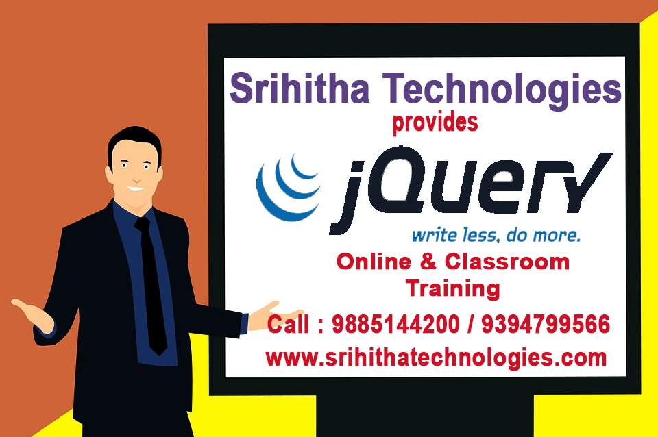 SrihithaPosts's tweet image. Jquery Training from Hyderabad India
Srihitha technologies provides Jquery Online and Classroom Training on real time projects. Call 9885144200/9394799566.srihithatechnologies.com/jquery.php. #javascripttraining , #jquerycourse , #jquerytraininginhyderabad #jquery  #jqueryonlinetraining