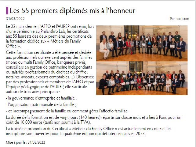 AUREPClermont's tweet photo. Article @ProfessionCGP  : Le certificat "Métiers du Family Office" à l'honneur, @AUREPClermont &amp; AFFO
Un grand merci @descamps_pcgp 
https://t.co/lmAeqviioP
#aurep #affo #professionCGP #formation #familyoffice #cgp #certification https://t.co/S66gkYJfNQ