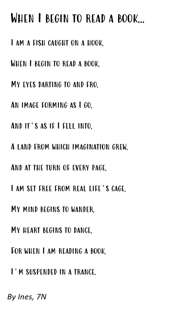 Fantastic poem by Inês in Year 7 about the wonders of #reading 
#ProudofmyWork #poetry #readingforpleasure