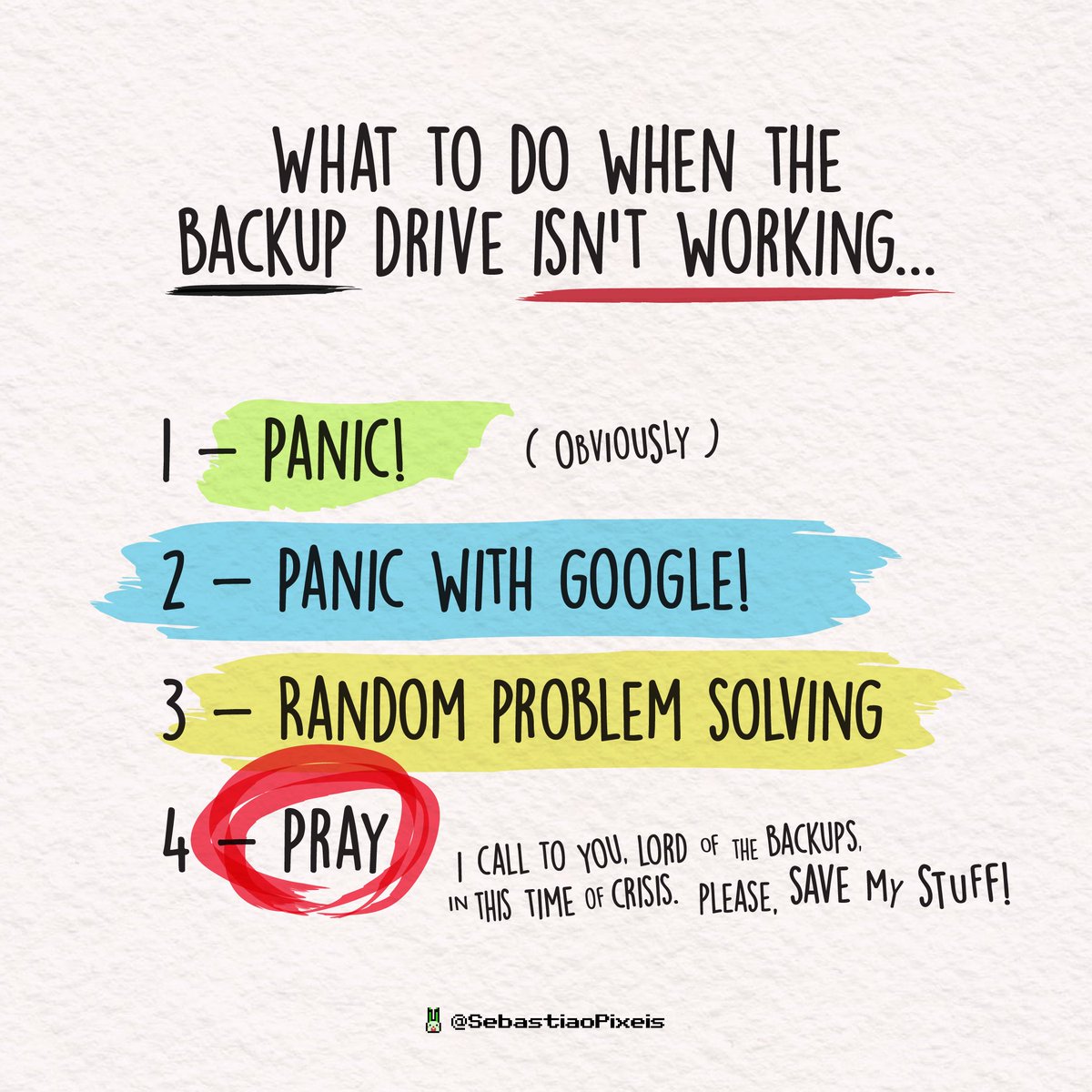 SebastiaoPixeis's tweet photo. Se alguém faz diferente, parabéns... 

Feliz Dia Mundial do Backup!

#backup #worldbackupday #backupnotneeded #nobackup #itstheend #codingmemes #devlife #ITlife #memesprogramação https://t.co/OpmGH448Zv