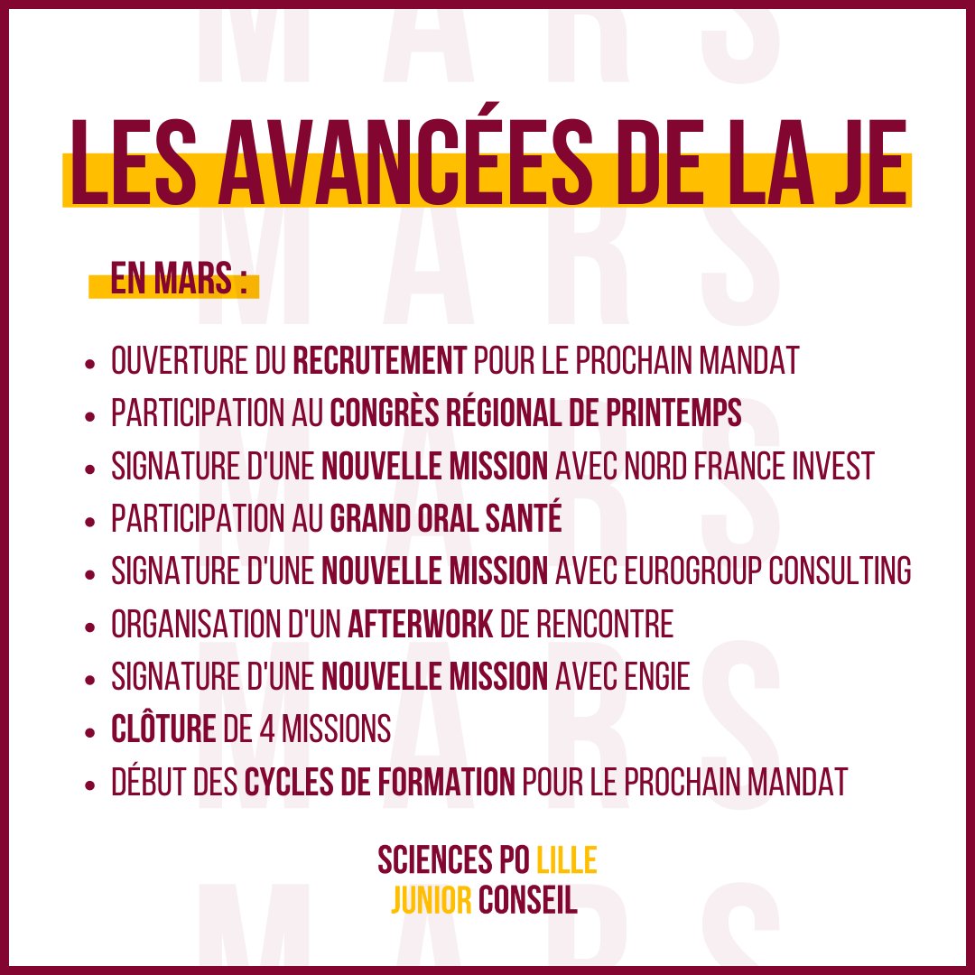 // BILAN DU MOIS // 

⚡️Chaque mois, nous vous partageons nos #avancées. 

Rendez-vous fin avril pour le prochain bilan, qui nous espérons sera tout aussi riche en #projets !

#association #SciencesPo #SciencesPoLille #WeAreJE #juniorentreprise #bilan #SPLJC