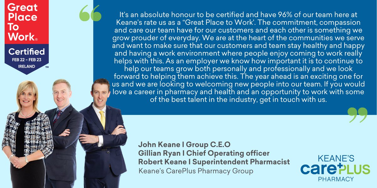 CERTIFICATION 🏅| John Keane, Group C.E.O, Gillian Ryan, Chief Operating officer and Robert Keane, Superintendent Pharmacist about Keane's CarePlus Pharmacy Group being certified as a #greatplacetowork. Well done team!
hubs.li/Q0175_f50
#gptw #gptwcertified #greatworkplace