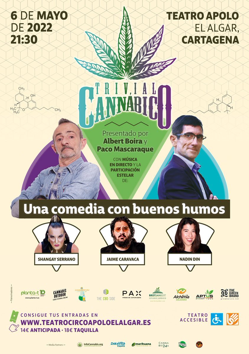 BROTSANBERT's tweet photo. 🟣🔵 El próximo 6 de mayo el #TrivialCannábico llega a #Cartagena (Murcia) con un espectáculo diferente que contará con @nadindondan, @jaimecomedia y Shangay Serrano. Además, con la música en directo de Tricomas Band. #ComediaConBuenosHumos
🎟️Entradas en: https://t.co/cNj4evfsiI https://t.co/MYG42BhbKc