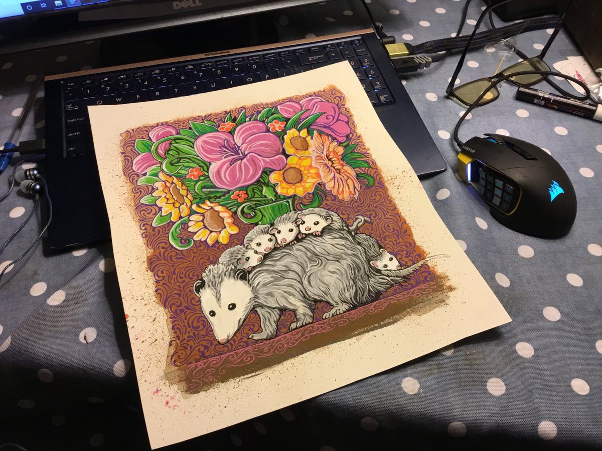 I drew an opossum mama last night, with some flowers.  It’s a weird artwork but I think I might crop out the opossum and make awesome opossum mama stickers #opposum #opposumsoftwitter #opposumart