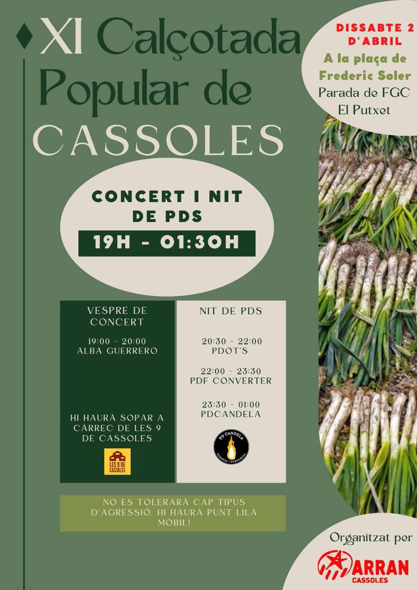 ArranCassoles's tweet photo. 🌞ACTIVITATS DE DISSABTE 2🌞

🎼A partir de les 19h podrem gaudir d’un concert en acústic de la mà d’Alba Guerrero i hi haurà sopar a càrrec de Les @9deCassoles.

🔌Tot seguit hi haurà nit de PD’s fins la 1:00h amb PD OT’s, PDF Converter i PD Candela. https://t.co/P26rGRUHGN