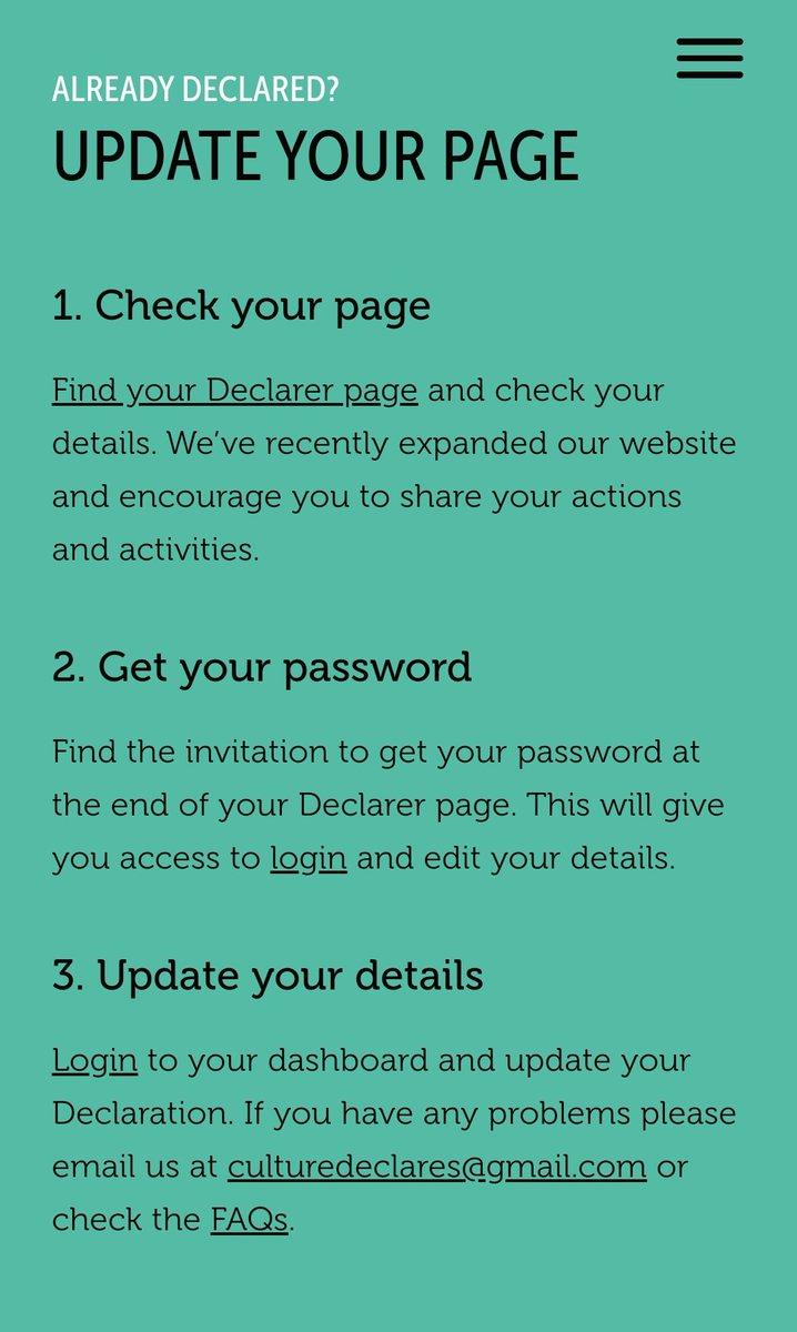 CultureDeclares's tweet photo. Update you're very own Declarer profile on our website to reinstate your declaration statement and share any updates on your projects and actions π
Once you've revamped your profile, don't forget to share it on social media with #ItStartedWithTheTruth!
https://t.co/6zLdw9xPg3 https://t.co/j8ghMP4Eec