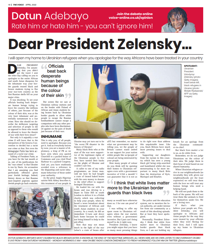 TheVoiceNews's tweet photo. Lots of sharp comment 🔪

🖊️ Christian columnist @officialmuyiwa on anti-blackness

🖊️ @dotunadebayo: Dear Mr Zelensky... 

🖊️ @kelechnekoff: Child Q &amp; adultification

2/ https://t.co/BUl5cmiqlP