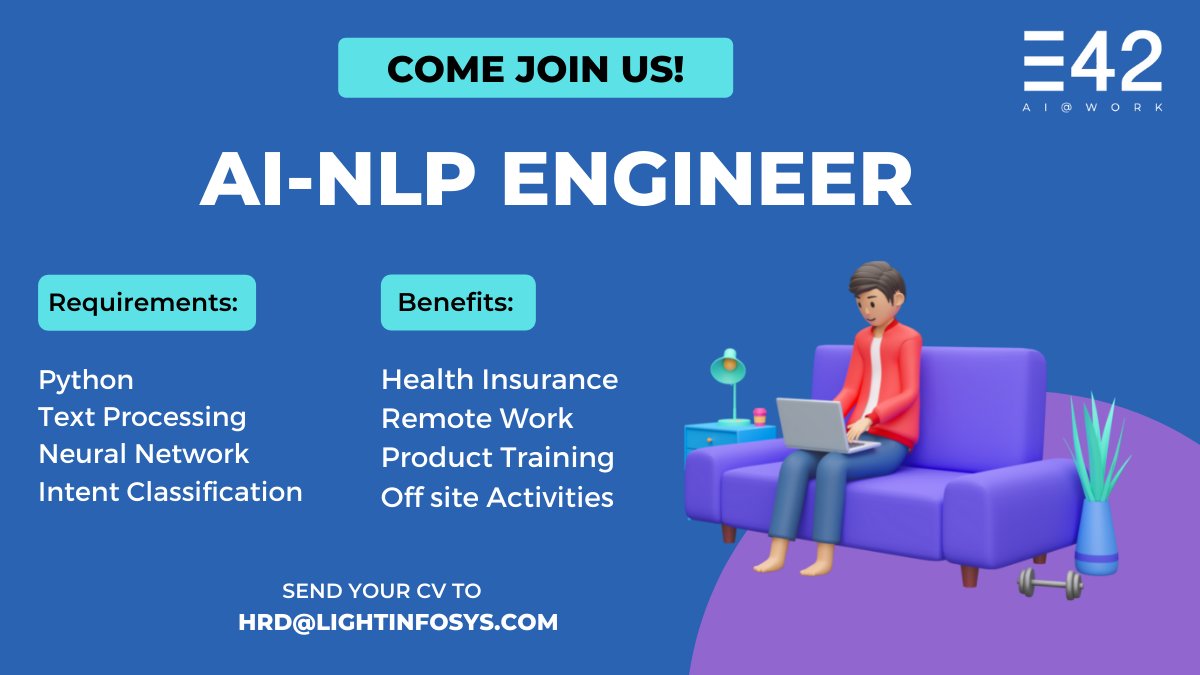 E42_ai's tweet photo. Calling all the folks with experience in #AINLP based development. If you are one such #AI enthusiast and want to be a part of a dynamic, flexible, and thriving team working on a Moonshot product โ come,join us!
Apply here: https://t.co/nbqhzFjZLu
#NowHiring #Hiring #Recruitment https://t.co/ZukWiTSdxA
