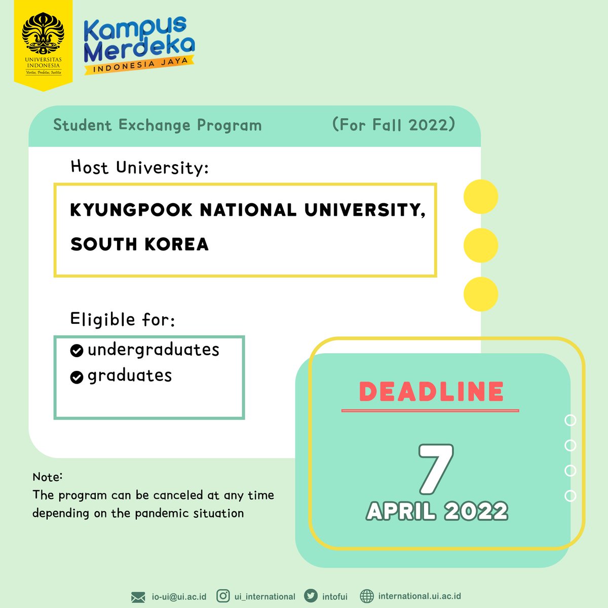 intofUI's tweet photo. Kyungpook National University, South Korea Student Exchange Program is now open for application! (For Fall Semester 2022)

UI undergraduate and graduate students are invited to participate in this one-semester program. https://t.co/hkT2MimftX