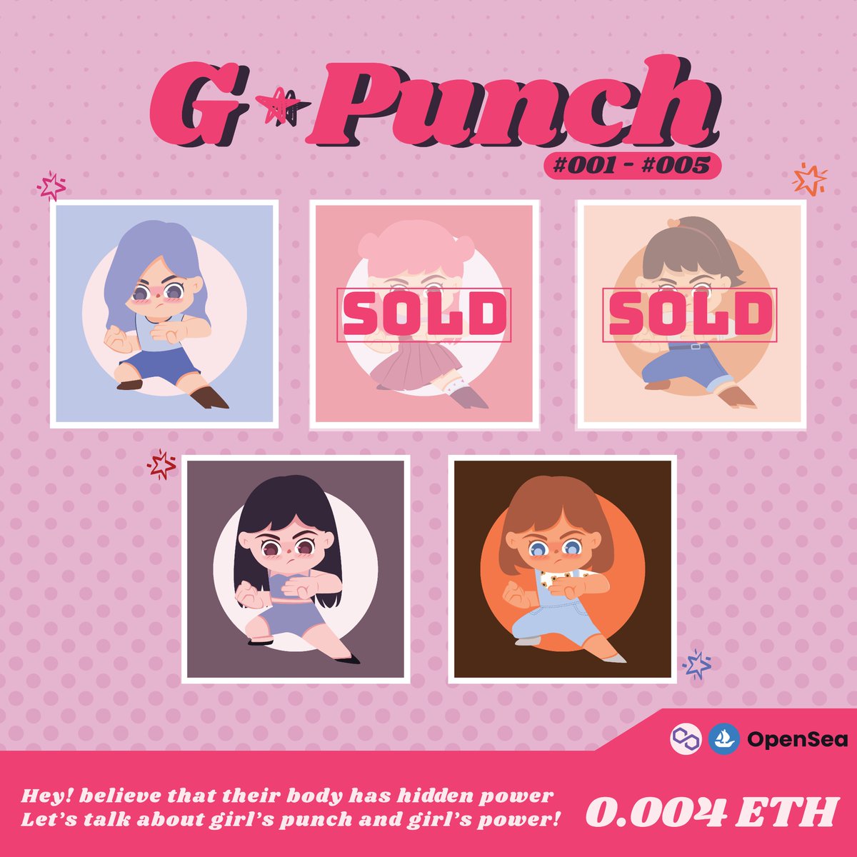 chaiaiix_nft's tweet photo. 🌟Update🌟
“G Punch” Collection [Polygon] 💖

Let’s talk about girl’s punch and girl’s power!
GIRL CAN DO ANYTHING!!💪

📌 0.004 $ETH
📌Available now : https://t.co/ABWXvQXh64

#NFTs #NFTTHAILAND #nftcollector #NFTartist #NFTCommunity #NFTthai #ヨシオカのキャラ #NFTWomenUNITE https://t.co/M5Z2Kjl2HC