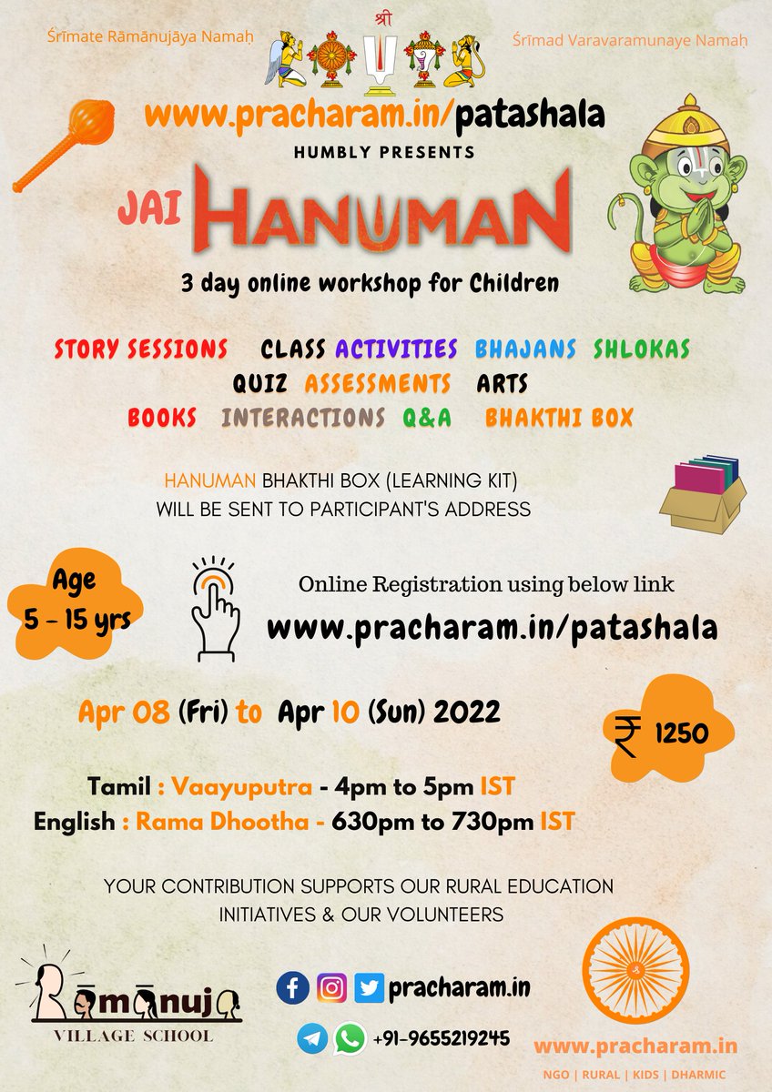 pracharam_in's tweet photo. Jai Sri Ram. Happy to announce a 3 day "Hanuman"online workshop for Children. Our exclusive "Hanuman Bhakthi Box" will be sent to all participants. Register online ! RT & SHARE
#ramanavami #sriramanavami2022 #rama #bhakthi #children #books #bhakthibox #pracharamin #patashala https://t.co/D0L9Df5UQn
