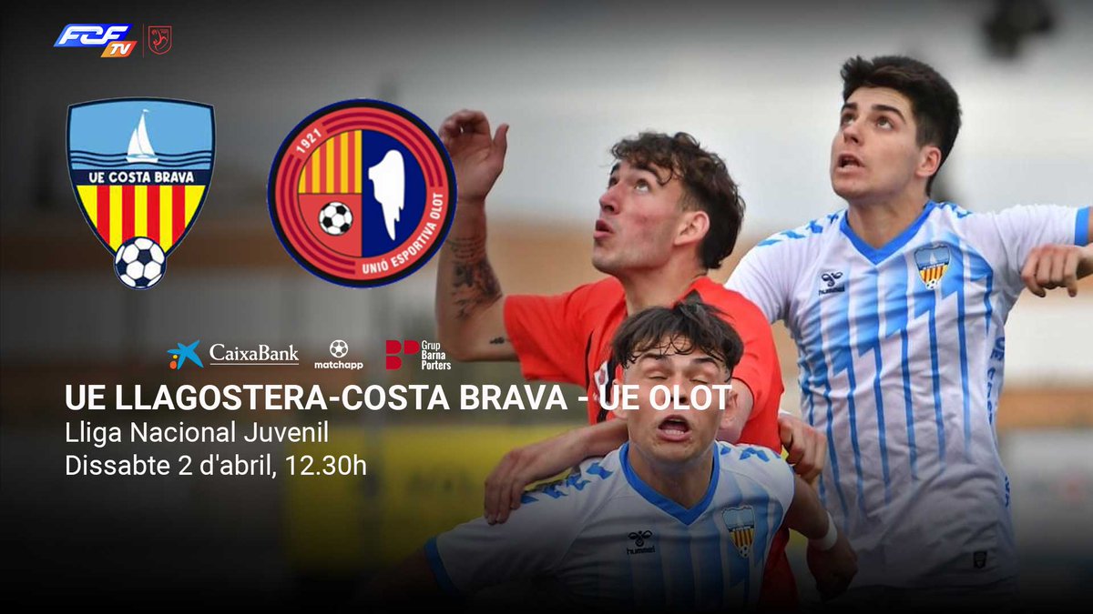 📢 El partit @UE_CostaBrava 🆚 <a href="/UEOplanter/">UE Olot - Planter</a> Juvenil, en streaming a l'#FCFTV

📆 Dissabte 2 d'abril
⏰ 12.30h
🏆 Grup 7 | Lliga Nacional Juvenil
📍 Mpal. Santa Cristina d'Aro
📺 fcf.tv

🔗 Més a fcf.cat/noticia/el-par…

📸 <a href="/xaviguix/">Xavier Guix</a>

#futbolcat #LNJ7
