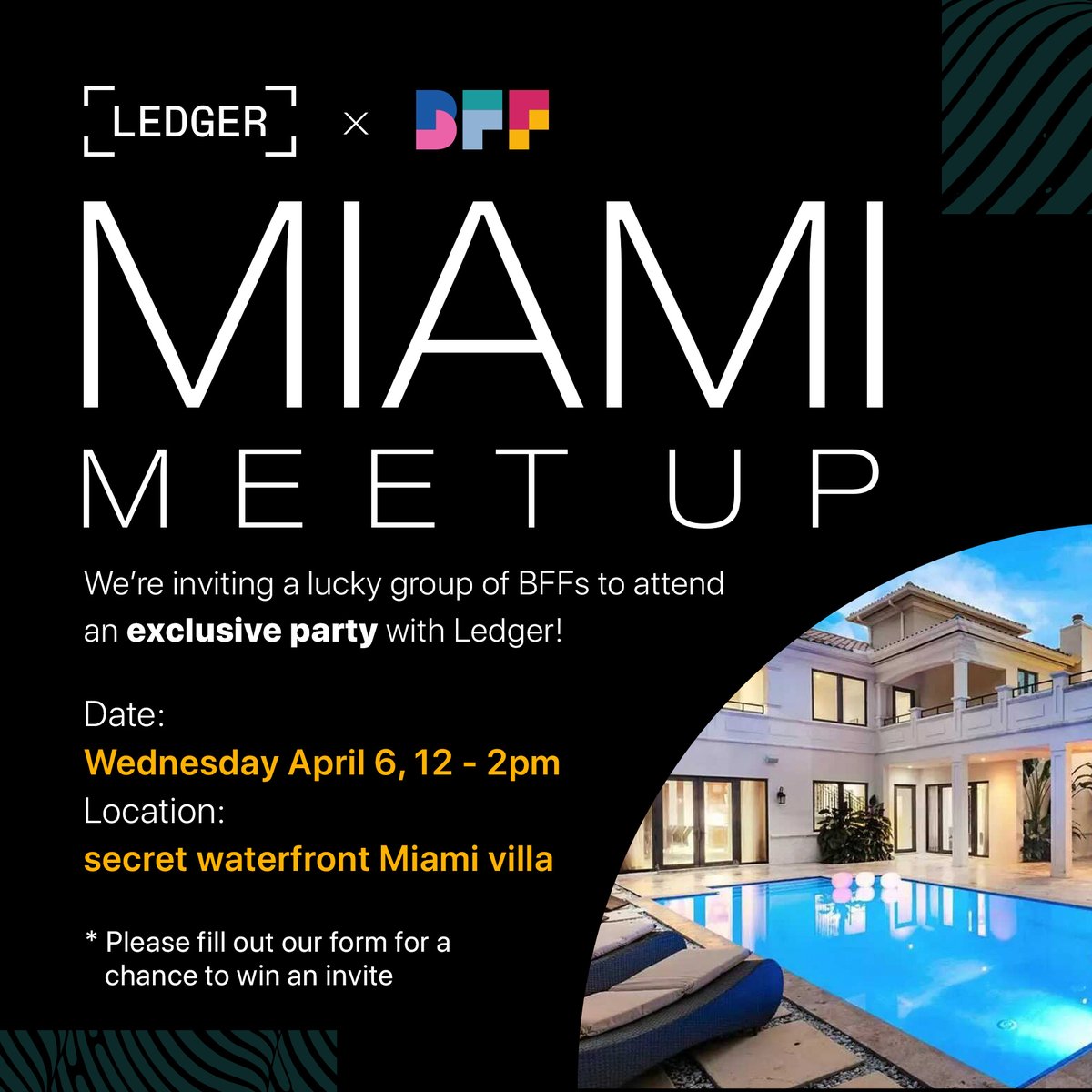 We are excited to announce that we have partnered w/ 
<a href="/Ledger/">Ledger</a> to plan an exclusive party in Miami‼️ 

🌺When: Wednesday April 6, 12-2PM
🌺Location: Secret Waterfront Miami Villa 

Fill out the form below for a chance to win an invite👇
o1v8c4461fm.typeform.com/miami-meetup