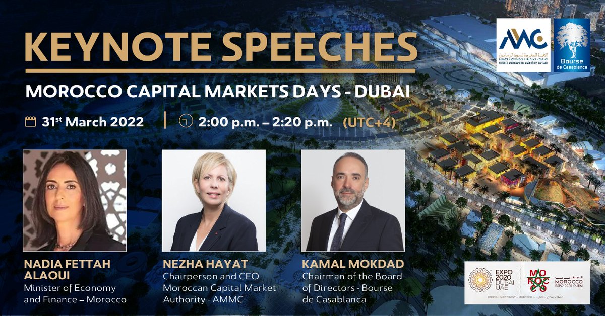BoursedeCasa's tweet photo. Don't miss out on the keynote speeches that will be given by @FettahNadia Minister of Economy and Finance🇲🇦, @nezhahayat Chairperson and CEO @AMMC_News and @MokdadKamal Chairman of the Board of Directors @BoursedeCasa.
▶️Follow it live on: https://t.co/oScvH6NdI9
#MCMD #Dubai https://t.co/P7698Lp3Nx