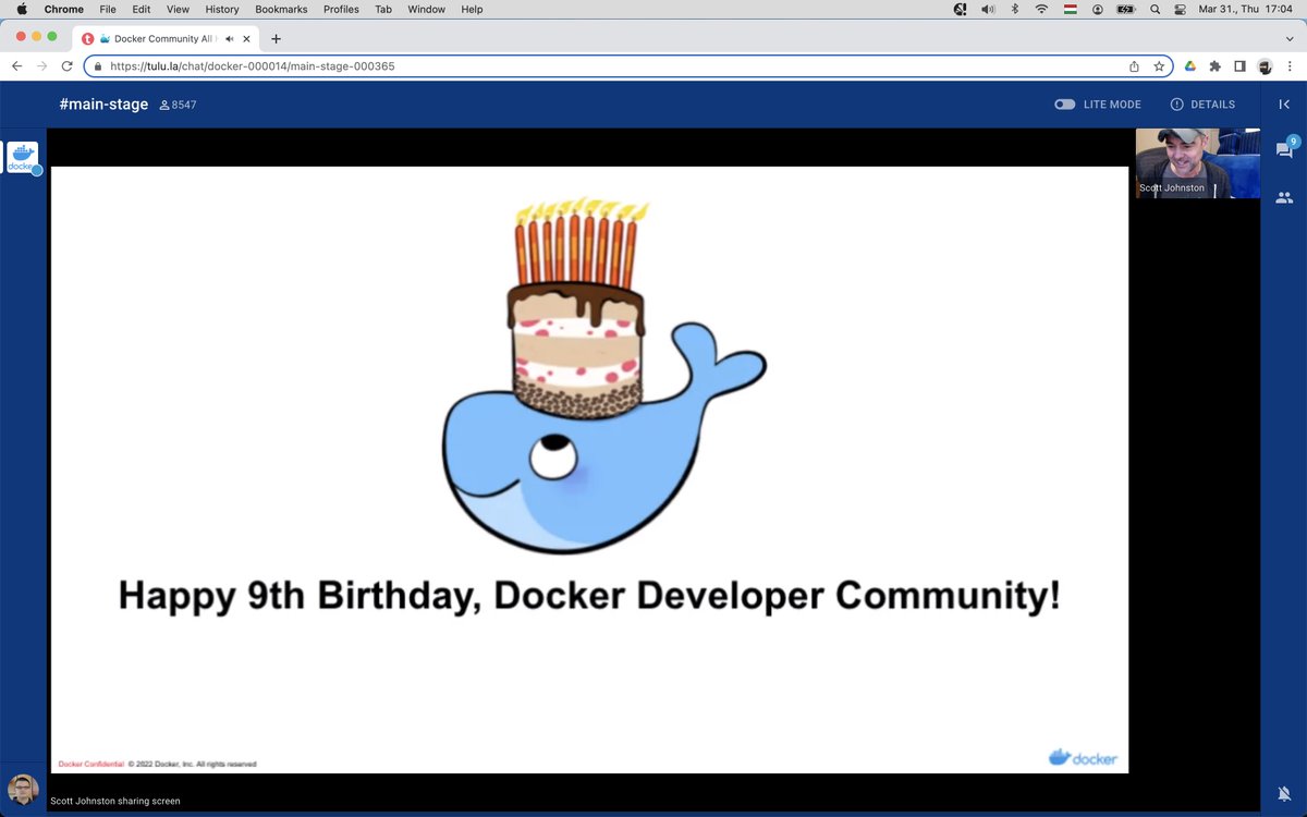 karolykassjr's tweet photo. 🐢🔴 
Community All-Hands #5 &amp; Celebrating @Docker’s 9th Birthday 🎂🥳🎉🎊 
@scottcjohnston is LIVE. 👏 
#docker🐋 #DockerCommunity #DockerBday #DockerBday9 #VirtualEvent #OnlineMeetup https://t.co/co4vKuhexd